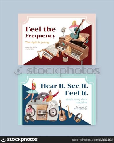 Facebook template with music festival concept design for social media and community watercolor vector illustration 
