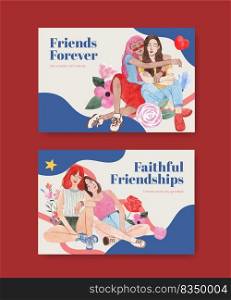 Facebook template with National Friendship Day concept,watercolor style
