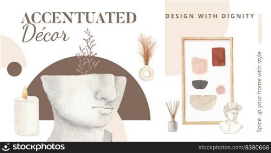 Facebook template with nordic antique home concept,watercolor style  