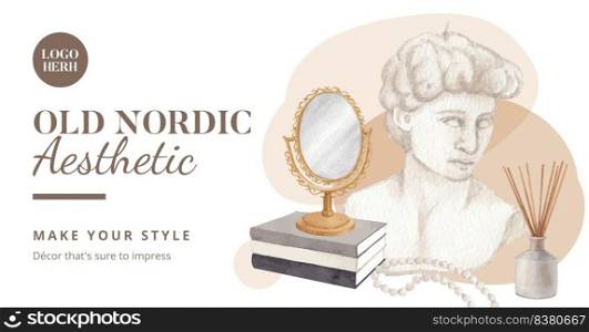 Facebook template with nordic antique home concept,watercolor style  