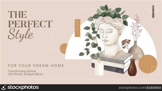 Facebook template with nordic antique home concept,watercolor style

