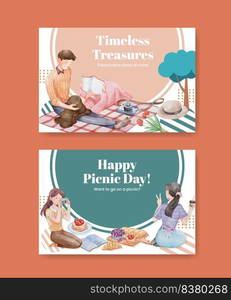 Facebook template with picnic day concept,watercolor style 