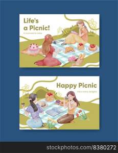 Facebook template with picnic day concept,watercolor style 