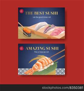 Facebook template with premium sushi concept,watercolor style 