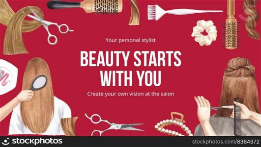 Facebook template with salon hair beauty concept,watercolor style
