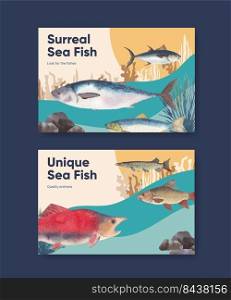 Facebook template with sea fish concept,watercolor style. 