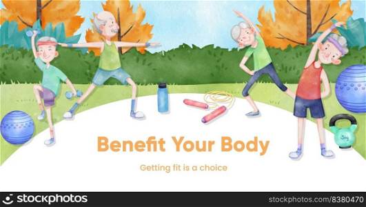 Facebook template with senior health fitness concept,watercolor style  
