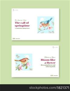 Facebook template with spring and bird concept design for social media and community watercolor illustration