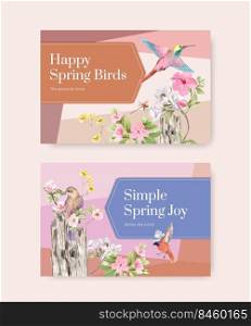Facebook template with spring and bird concept design for social media and community watercolor illustration
