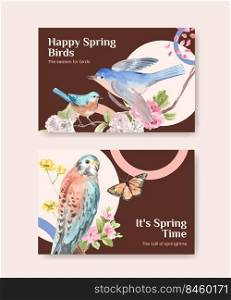 Facebook template with spring and bird concept design for social media and community watercolor illustration 