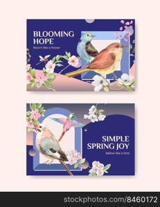 Facebook template with spring and bird concept design for social media and community watercolor illustration 