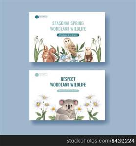 Facebook template with spring woodland wildlife concept,watercolor style
