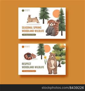 Facebook template with spring woodland wildlife concept,watercolor style 