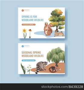 Facebook template with spring woodland wildlife concept,watercolor style 