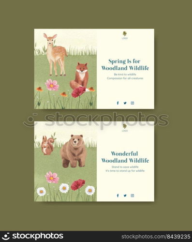 Facebook template with spring woodland wildlife concept,watercolor style
