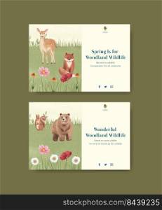 Facebook template with spring woodland wildlife concept,watercolor style
