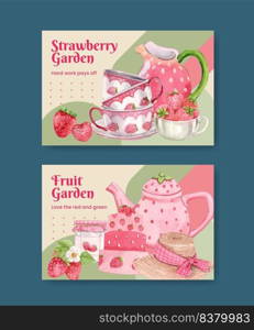 Facebook template with strawberry harvest concept,watercolor style  