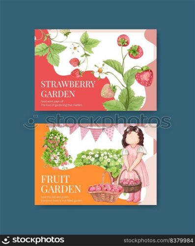 Facebook template with strawberry harvest concept,watercolor style

