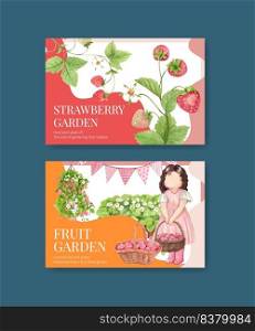 Facebook template with strawberry harvest concept,watercolor style

