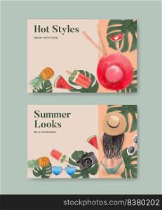 Facebook template with summer outfit fashion concept,watercolor style 