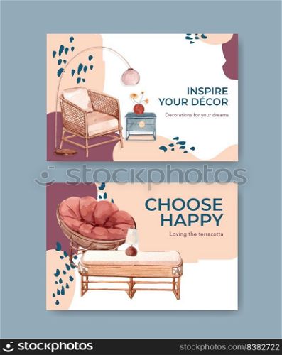 Facebook template with terracotta decor concept design for social media and online marketing watercolor vector illustration 