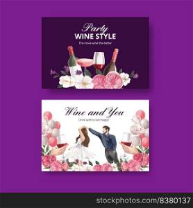 Facebook template with wine party concept,watercolor style
