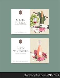 Facebook template with wine party concept,watercolor style 