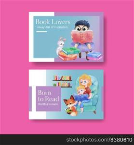 Facebook template with world book day concept,watercolor style 