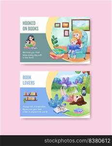 Facebook template with world book day concept,watercolor style
