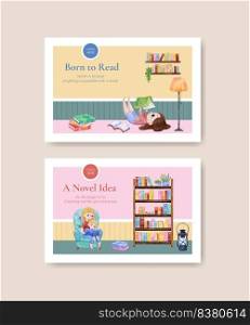 Facebook template with world book day concept,watercolor style
