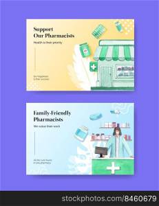 Facebook template with world pharmacists day concept,watercolor style 