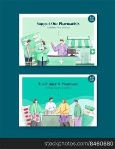 Facebook template with world pharmacists day concept,watercolor style 