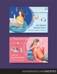 Facebook template with world radio day concept design for social media and community watercolor vector illustration 