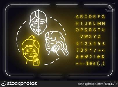 Facebuilding, face massage neon light concept icon. Cosmetology, anti-aging procedure idea. Outer glowing sign with alphabet, numbers and symbols. Vector isolated RGB color illustration