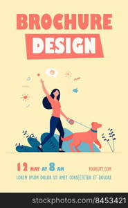 Faceless happy woman walking with dog in park isolated flat vector illustration. Girl with pet on leash strolling at nature and waving. Animal, lifestyle and everyday activity concept