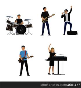 Faceless musicians play on big drum set, electric guitar, bass guitar, black synthesizer and sing in microphone isolated vector illustrations set.. Faceless Musicians Plays on Instruments and Sing
