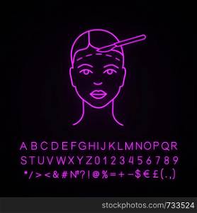 Facelift surgery neon light icon. Facial plastic surgery. Surgical facial rejuvenation. Glowing sign with alphabet, numbers and symbols. Vector isolated illustration. Facelift surgery neon light icon