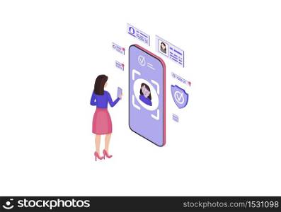 Faceprint analysis application isometric color vector illustration. Biometric identification. Face ID scan 3d concept. Facial recognition software infographic. Webpage, mobile app design. Faceprint analysis application isometric color vector illustration
