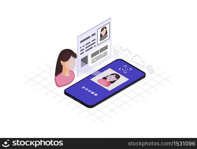 Faceprint analysis application isometric color vector illustration. Facial recognition software infographic. Face ID scan 3d concept. Biometric identification. Webpage, mobile app design. Faceprint analysis application isometric color vector illustration