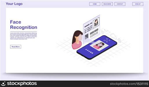 Faceprint analysis webpage vector template with isometric illustration. Face recognition. Biometric identification. Facial ID scanner. Website interface design. Webpage, mobile app 3d concept. Faceprint analysis webpage vector template with isometric illustration