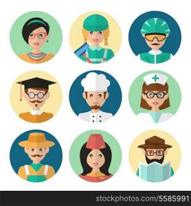 Faces avatar icons profession occupation job set flat isolated vector illustration