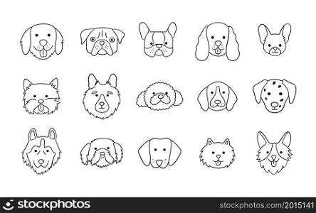 Faces of different breeds dogs set. Corgi, Beagle, Spitz Chihuahua, Terrier, Retriever, Spaniel, Poodle. Collection of doodle dog heads. Hand drawn vector illustration isolated on white background.. Faces of different breeds dogs set. Corgi, Beagle, Spitz Chihuahua, Terrier, Retriever, Spaniel, Poodle. Collection of doodle dog heads. Hand drawn vector illustration isolated on white background