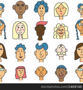 Faces people of different nationalities seamless pattern. Friendship of peoples concept. Background man and woman
