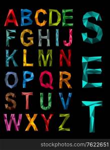 Faceted complete alphabet set in the colours of the rainbow in uppercase on a black background