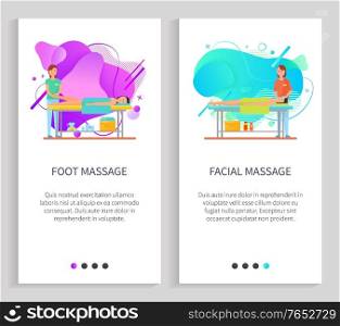 Facial and foot massage vector, therapist with client specialist treatment of body. Woman and male laying on table with soft towel on back. Website or slider app, landing page flat style. Foot and Facial Massage in Salon, Spa Therapy
