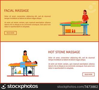 Facial and hot stone massage session cartoon vector banner. Masseur in uniform and rubber gloves massaging lying on table patient covered by towel. Facial and Hot Stone Massage Cartoon Vector Banner