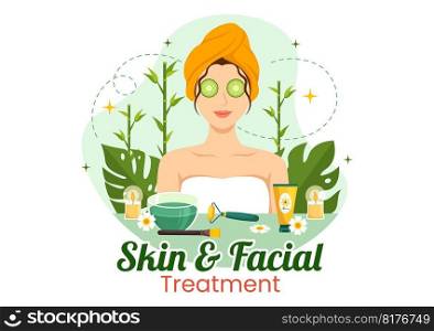 Facial and Skin Treatment Illustration with Women Skin Care, Anti Age Procedure, Massage or SPA Wellness in Flat Cartoon Hand Drawn Templates