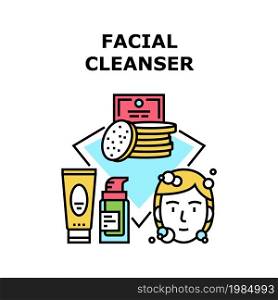 Facial Cleanser Vector Icon Concept. Facial Cleanser Accessories And Cosmetic For Cleaning And Smoothing Facial And Body Skin. Skincare Treatment And Moisturizing Cream Applying Color Illustration. Facial Cleanser Vector Concept Color Illustration