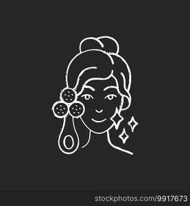 Facial cleansing device chalk white icon on black background. Sculpting and facial toning tool. Relaxing tense muscles. Boosting circulation. Isolated vector chalkboard illustration. Facial cleansing device chalk white icon on black background