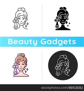 Facial cleansing device icon. Sculpting and facial toning tool. Relaxing tense muscles. Removing blackheads, blemishes. Linear black and RGB color styles. Isolated vector illustrations. Facial cleansing device icon